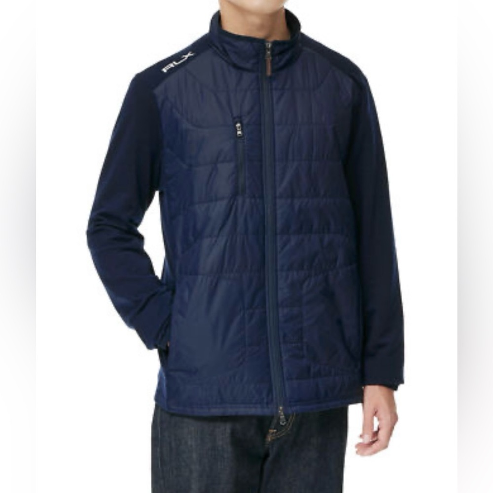 RLX Ralph Lauren Men’s GOLF Hybrid Mockneck Jacket Wool Blend Navy Full Zipper
